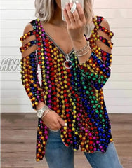 Hnewly Women Strapless V Neck Print Sexy Deep Low Cut Tops Blouse Shirt Out Zipper Long Sleeve