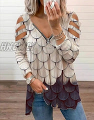 Hnewly Women Strapless V Neck Print Sexy Deep Low Cut Tops Blouse Shirt Out Zipper Long Sleeve