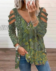 Hnewly Women Strapless V Neck Print Sexy Deep Low Cut Tops Blouse Shirt Out Zipper Long Sleeve