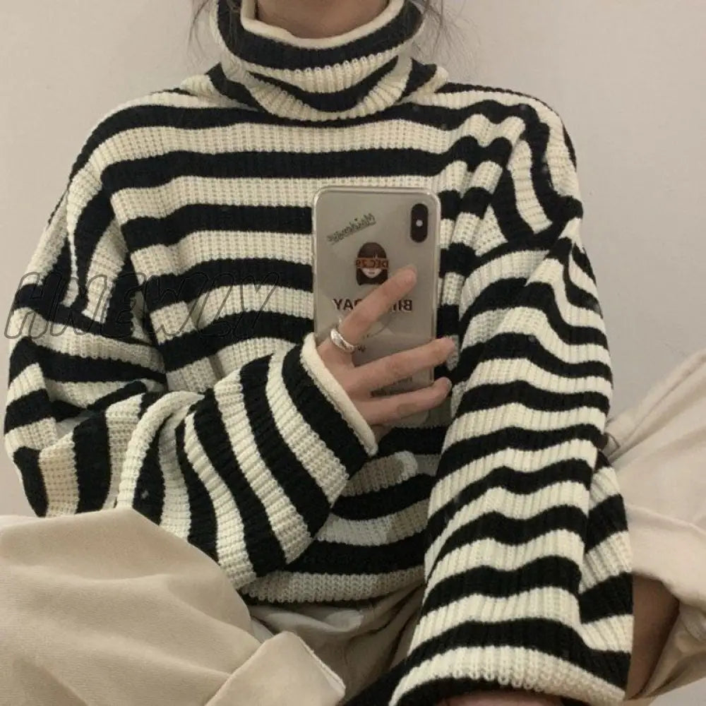 Hnewly Women Stripes Sweater Harajuku Winter Vintage Thickening Loose Warm Turtleneck Trendy Teen