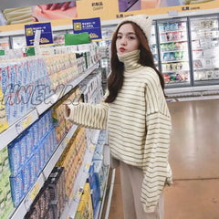 Hnewly Women Stripes Sweater Harajuku Winter Vintage Thickening Loose Warm Turtleneck Trendy Teen