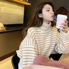 Hnewly Women Stripes Sweater Harajuku Winter Vintage Thickening Loose Warm Turtleneck Trendy Teen