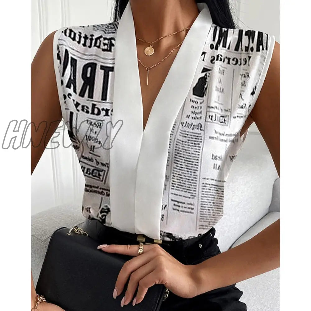 Hnewly Women Summer Fashion Female Top Nespaper Print V Neck Long Sleevless Casual Blouse Tops Chic