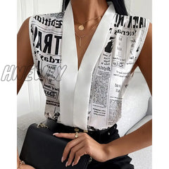 Hnewly Women Summer Fashion Female Top Nespaper Print V Neck Long Sleevless Casual Blouse Tops Chic