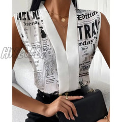 Hnewly Women Summer Fashion Female Top Nespaper Print V Neck Long Sleevless Casual Blouse Tops Chic