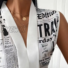 Hnewly Women Summer Fashion Female Top Nespaper Print V Neck Long Sleevless Casual Blouse Tops Chic