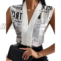 Hnewly Women Summer Fashion Female Top Nespaper Print V Neck Long Sleevless Casual Blouse Tops Chic