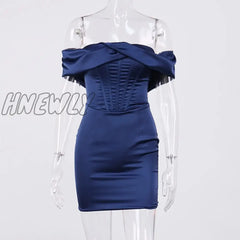 Hnewly Women Summer Fashion Party Dress Pleated Off Shoulder Bodycon Short Mini Satin Vestidos
