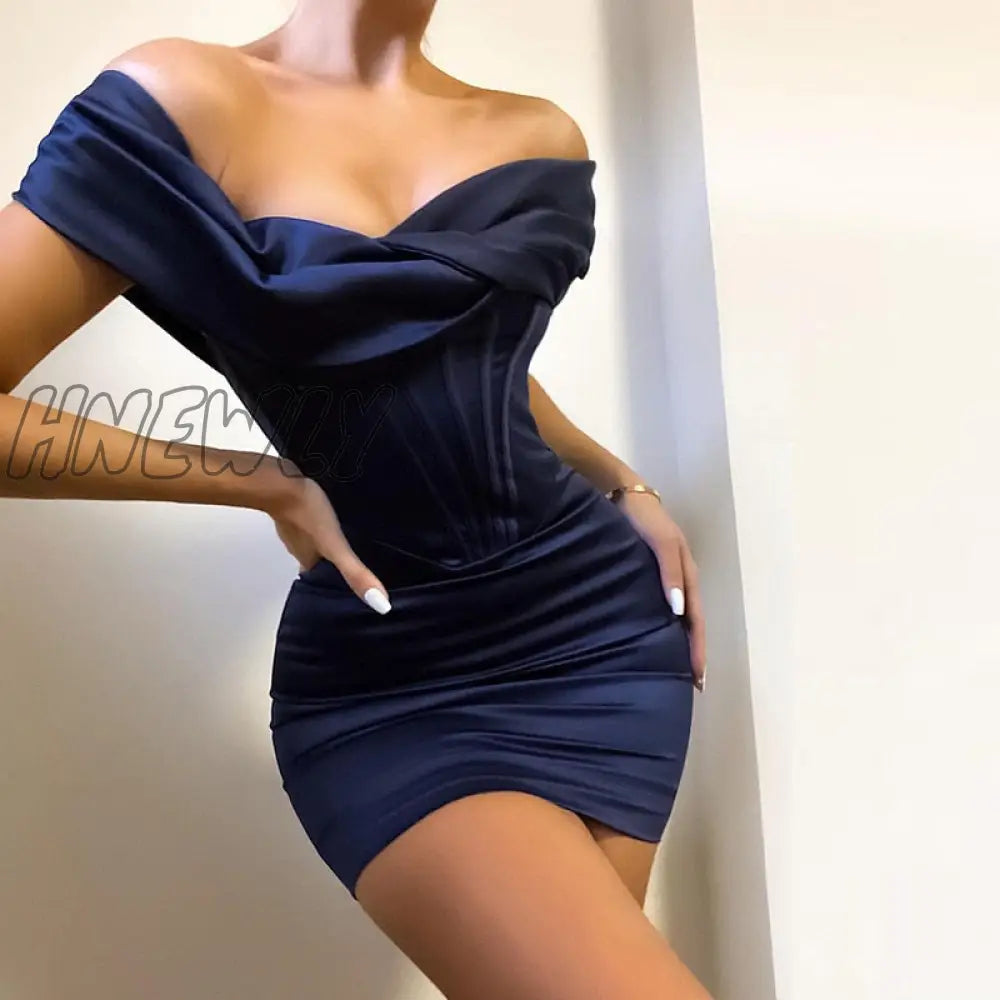 Hnewly Women Summer Fashion Party Dress Pleated Off Shoulder Bodycon Short Mini Satin Vestidos