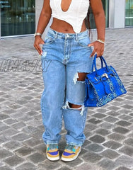 Hnewly Women Summer High Waist Ripped Jeans Vintage Baggy Straight Wide Leg Pants Fashion Comfy