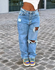 Hnewly Women Summer High Waist Ripped Jeans Vintage Baggy Straight Wide Leg Pants Fashion Comfy