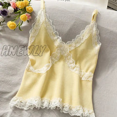 Hnewly Women Summer Lace Fashion Tank Top Female Korean Style V Neck Sleeveless Sexy Blouse Cropped