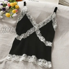 Hnewly Women Summer Lace Fashion Tank Top Female Korean Style V Neck Sleeveless Sexy Blouse Cropped