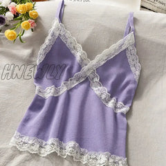 Hnewly Women Summer Lace Fashion Tank Top Female Korean Style V Neck Sleeveless Sexy Blouse Cropped