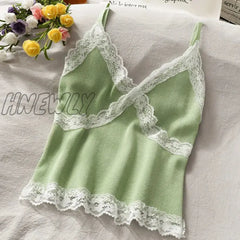 Hnewly Women Summer Lace Fashion Tank Top Female Korean Style V Neck Sleeveless Sexy Blouse Cropped