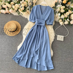 Hnewly Women Summer Midi French Dress Sweet V - Neck Puff Sleeve High Waist Elegant Solid Woman