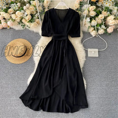 Hnewly Women Summer Midi French Dress Sweet V - Neck Puff Sleeve High Waist Elegant Solid Woman