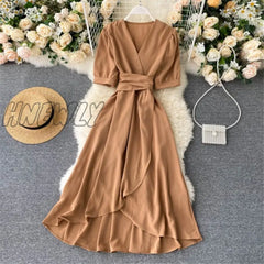 Hnewly Women Summer Midi French Dress Sweet V - Neck Puff Sleeve High Waist Elegant Solid Woman