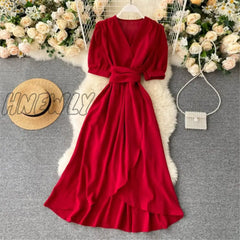 Hnewly Women Summer Midi French Dress Sweet V - Neck Puff Sleeve High Waist Elegant Solid Woman