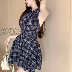 Hnewly Women Summer Plaid Sleeveless Mini Shirt Dress