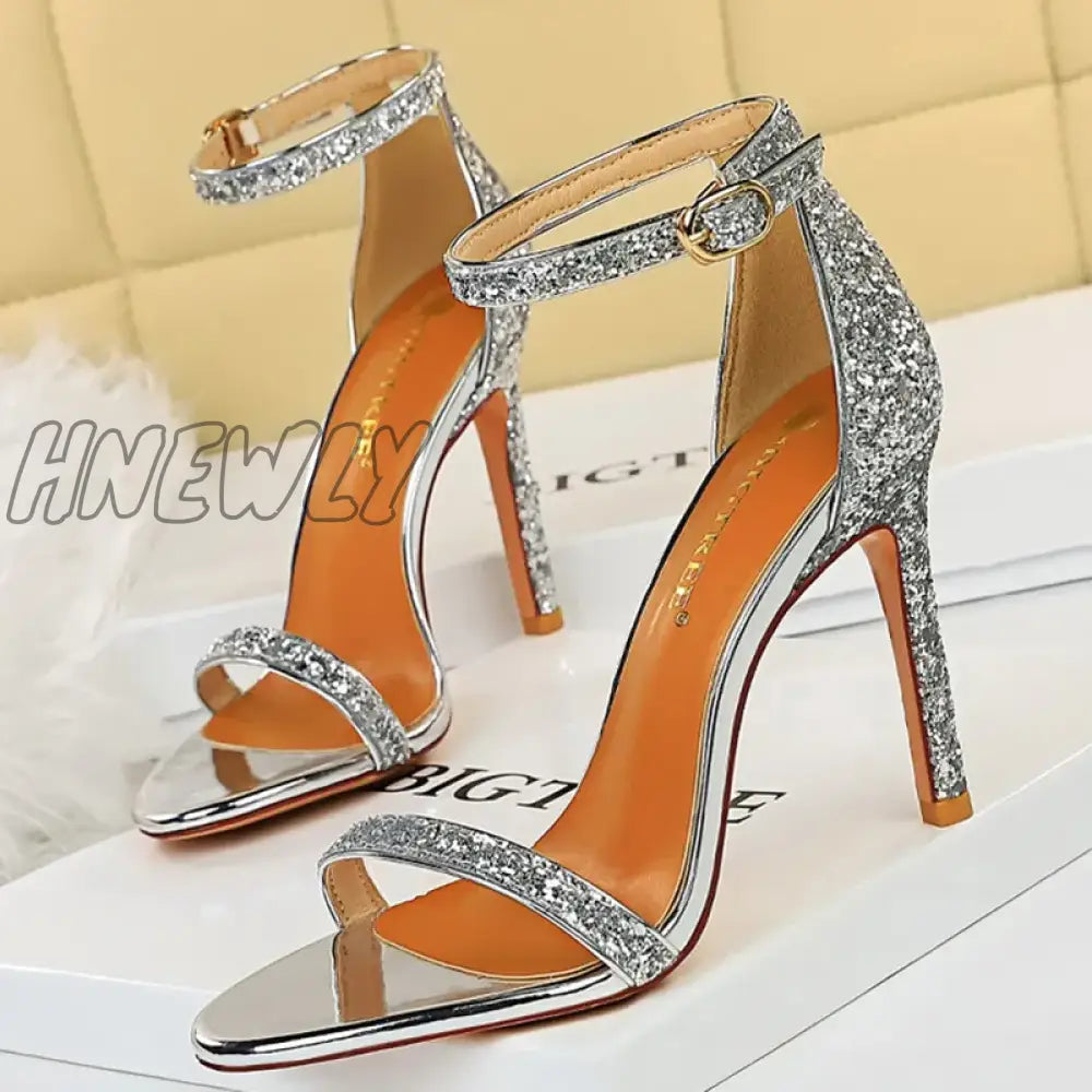 Hnewly Women Summer Platform Sandals 10Cm High Heels Silver Bling Sequins Ankle Strappy Sandles