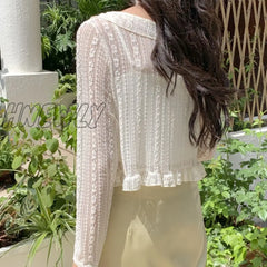 Hnewly Women Summer Sun Protection Coat Lace Bow Ruffle Cardigan Shirt Female Blouse Tops For Woman