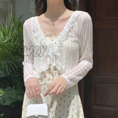 Hnewly Women Summer Sun Protection Coat Lace Bow Ruffle Cardigan Shirt Female Blouse Tops For Woman