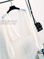 Hnewly Women Summer Sun Protection Coat Lace Bow Ruffle Cardigan Shirt Female Blouse Tops For Woman