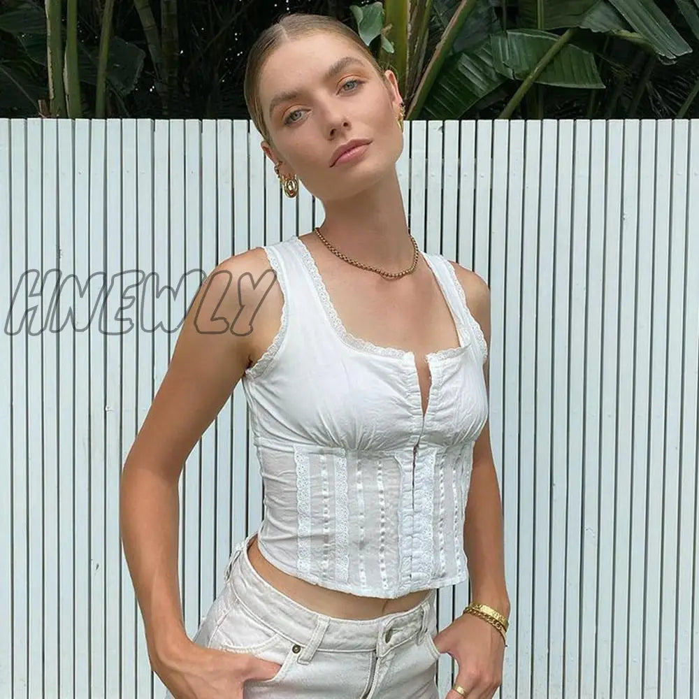 Hnewly Women Summer Tank Tops Lace Trim Embroidery Square-Neck Buttons Hollow Out Sleeveless Ruffle