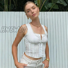 Hnewly Women Summer Tank Tops Lace Trim Embroidery Square-Neck Buttons Hollow Out Sleeveless Ruffle