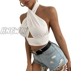 Hnewly Women Summer Tank Tops Sexy Solid Color Cross Halter Neck Sleeveless Backless Close -