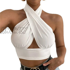 Hnewly Women Summer Tank Tops Sexy Solid Color Cross Halter Neck Sleeveless Backless Close -