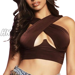 Hnewly Women Summer Tank Tops Sexy Solid Color Cross Halter Neck Sleeveless Backless Close -