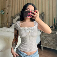 Women Sweet Lace Floral Ruched T-shirt Square Collar Short Sleeve Slim-fit Crop Top Y2K Aesthetic Fairy Grunge Tees Streetwear