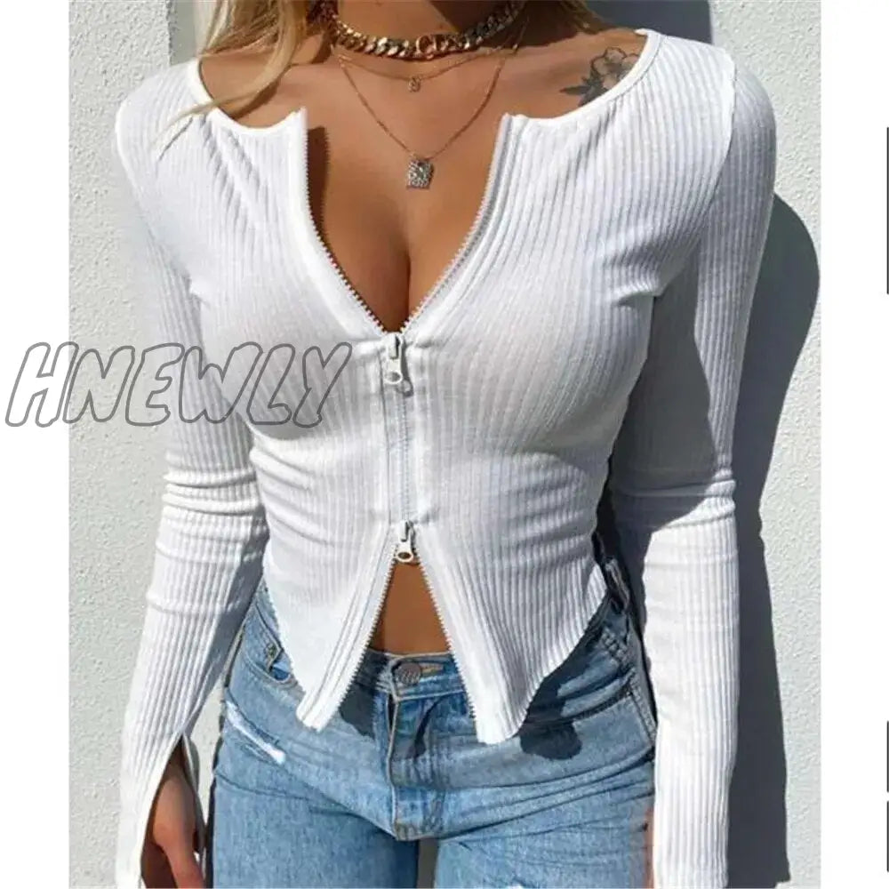 Hnewly Women T-Shirt Spring Autumn Clothes Ribbed Knitted Long Sleeve Crop Tops Zipper Design Tee