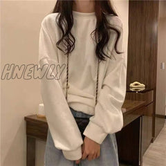 Hnewly Women Thin Hoodies Spring Autumn Casual Loose O-Neck Cotton Solid Pullovers Sweatshirt