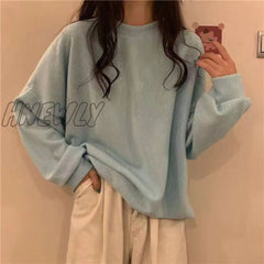 Hnewly Women Thin Hoodies Spring Autumn Casual Loose O-Neck Cotton Solid Pullovers Sweatshirt