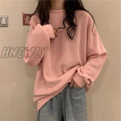 Hnewly Women Thin Hoodies Spring Autumn Casual Loose O-Neck Cotton Solid Pullovers Sweatshirt