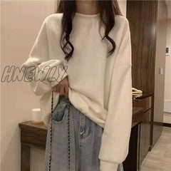Hnewly Women Thin Hoodies Spring Autumn Casual Loose O-Neck Cotton Solid Pullovers Sweatshirt