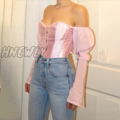 Hnewly Women Top Sexy Blouse Off Shoulder Long Sleeve Club Party White Shirt Puff Ruffle Tunic Crop