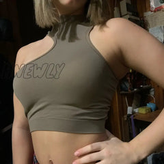 Hnewly Women Tops Knitted Sexy Halter Neck Fixed Cup Wireless Solid Tank Y2K Top Summer Chic