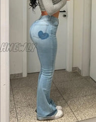 Hnewly Women Trumpet Jeans Slim Sexy Love Print Denim Horn Trousers Y2K High Waist Casual Flared