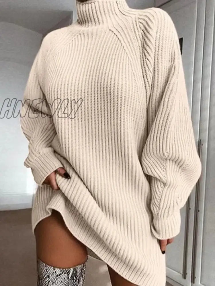 Hnewly Women Turtleneck Oversized Knitted Dress Autumn Solid Long Sleeve Casual Elegant Mini
