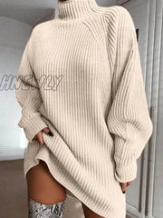 Hnewly Women Turtleneck Oversized Knitted Dress Autumn Solid Long Sleeve Casual Elegant Mini