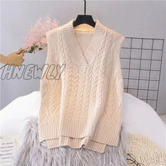 Hnewly Women Twist Pullover Sweater Vest Autumn Winter New Loose Net Black Beige V-Neck Waistcoat