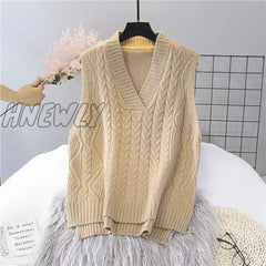 Hnewly Women Twist Pullover Sweater Vest Autumn Winter New Loose Net Black Beige V-Neck Waistcoat
