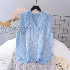 Hnewly Women Twist Pullover Sweater Vest Autumn Winter New Loose Net Black Beige V-Neck Waistcoat