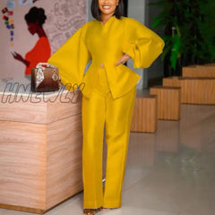 Hnewly Women Two Pieces Outfits Pants Sets Solid Blouse & Fashion Elegant Office Ladies Formal Work