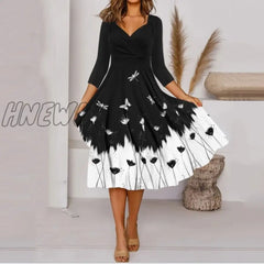 Hnewly Women V Neck Black White Print Classic Dress Lady Autumn Long Sleeve Slim Party Elegant