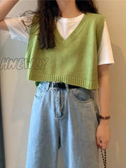 Hnewly Women V-Neck Knitted Vest New Spring Autumn Sweater Vests Short Female Casual Sleeveless
